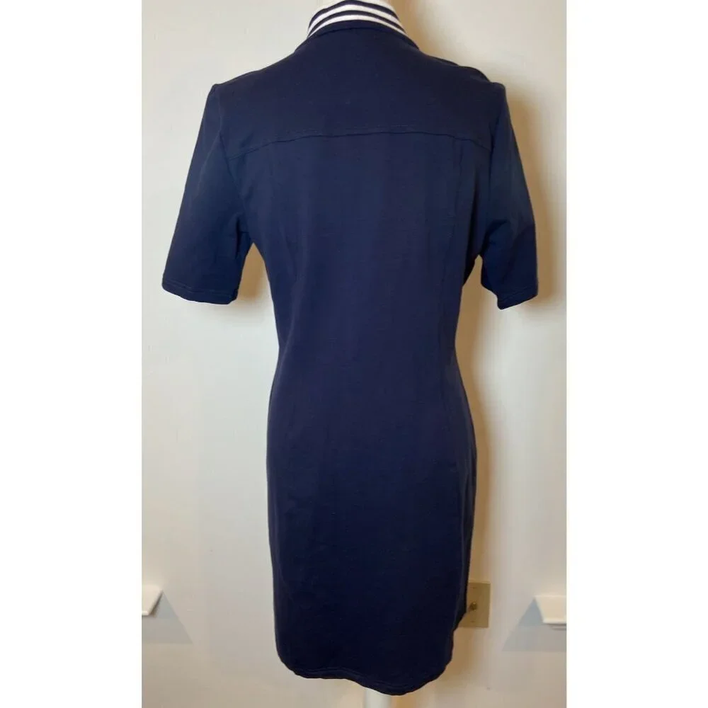 Boston Proper Dress Sheath Stretch Nautical Navy Blue White Gold Medium M